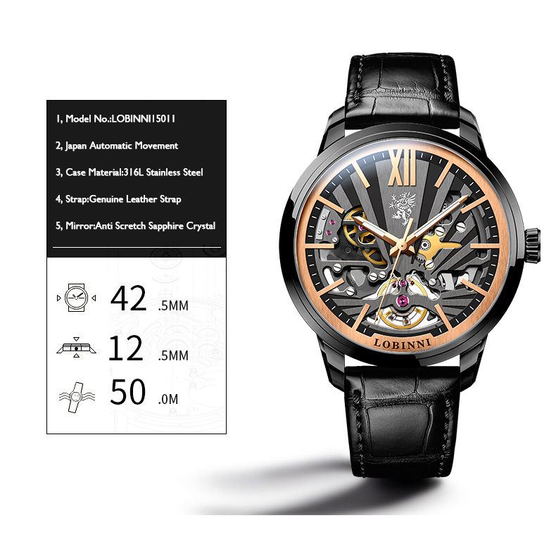 LOBINNI mens automatic watch luxury men's wrist watches black ...